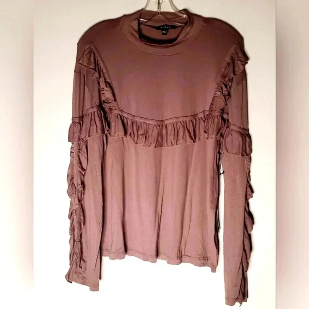 Ellie Kate Ruffled Trim Long Sleeve Blouse Sz L  Spandex Blend Pastel NWT - Picture 4 of 8